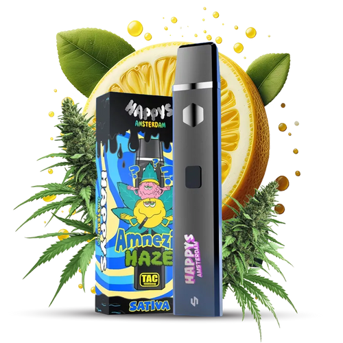 HappyAmsterdam Amnesia Haze Vape Produktbild mit Haze- und Kräuter-Elementen