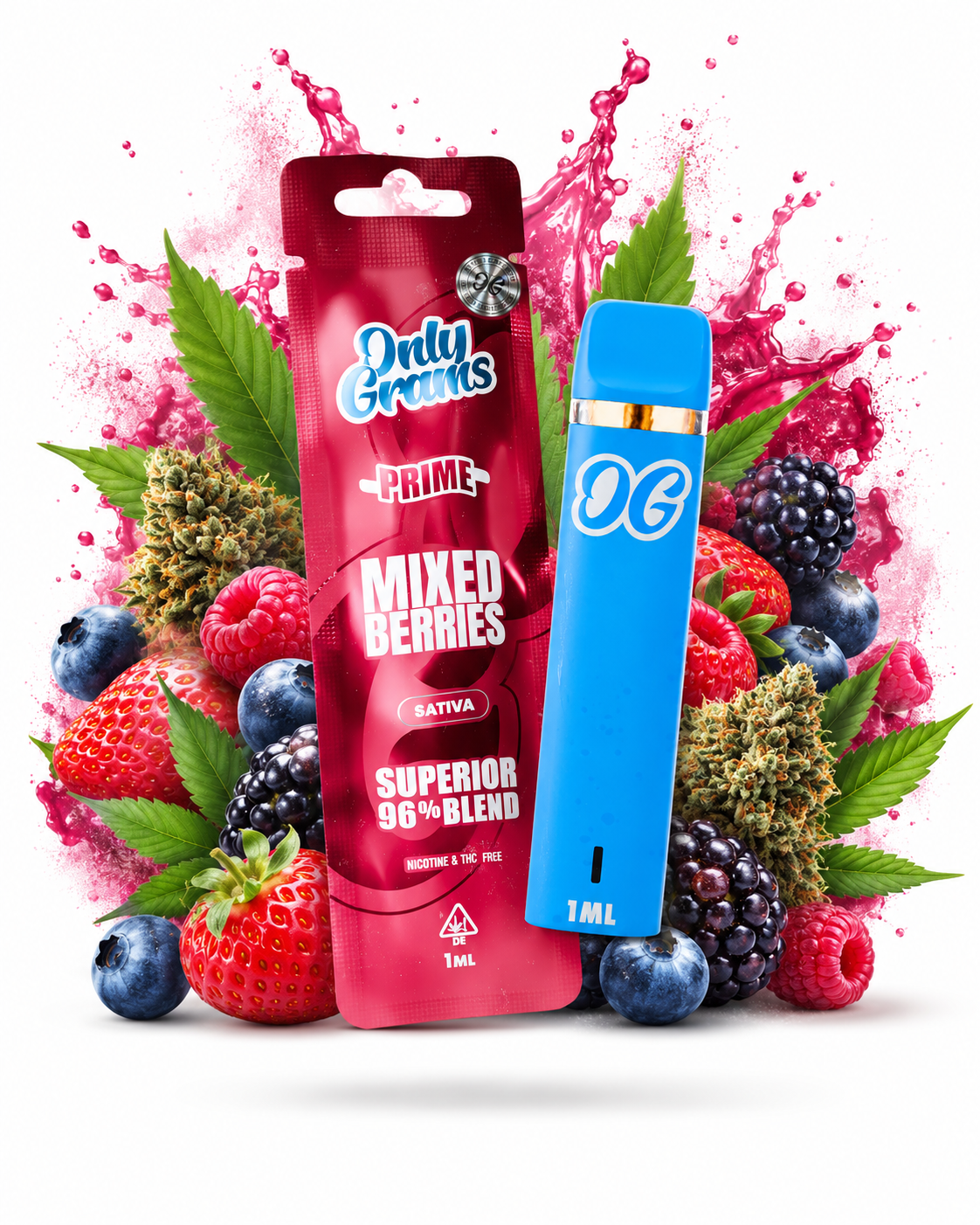 OnlyGrams Mixed Berries Vape Produktbild mit Beerenmix und Cannabis-Blättern