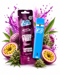 OnlyGrams Passionfruit Vape Produktbild mit Passionsfrucht und Cannabis-Blättern