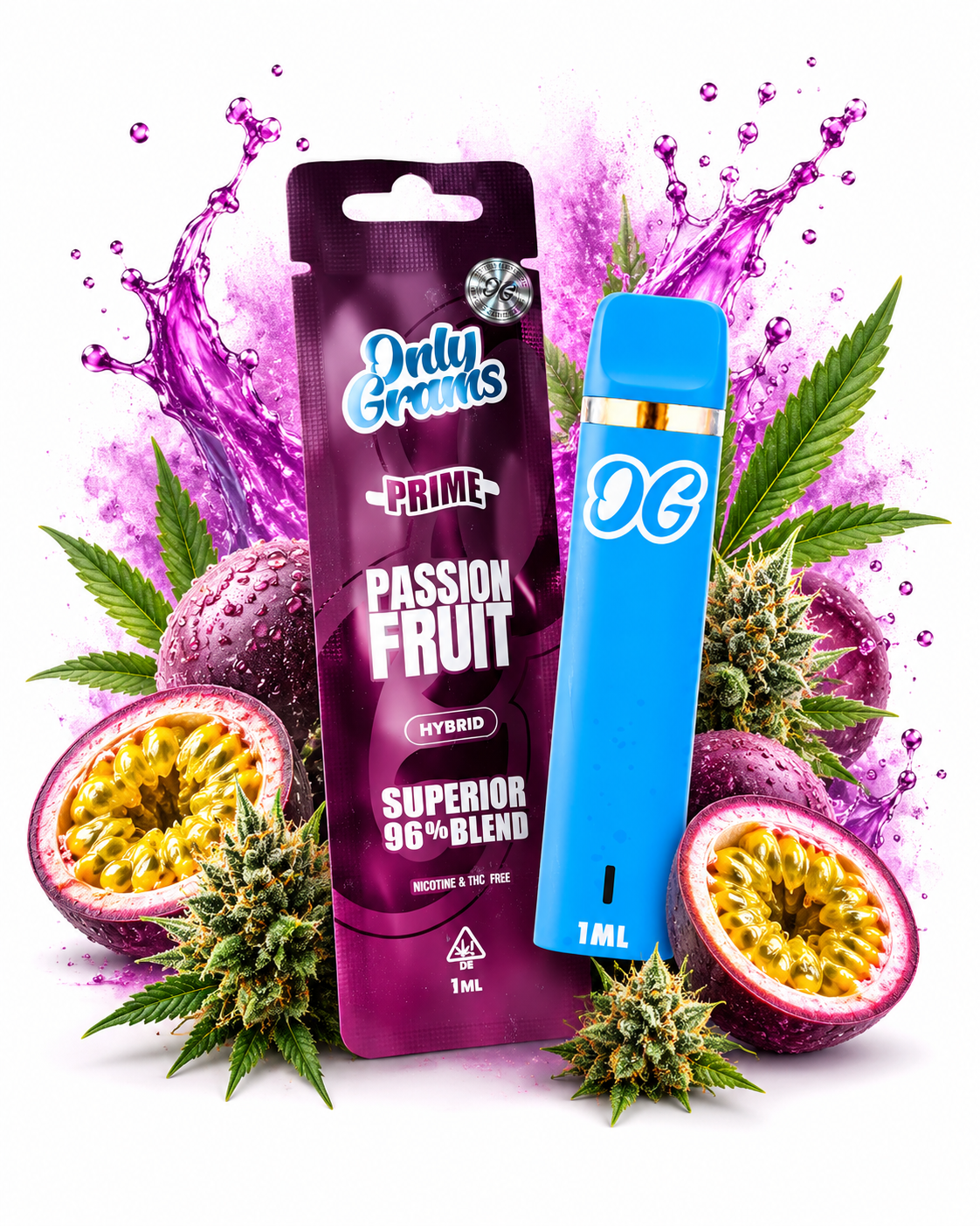 OnlyGrams Passionfruit Vape Produktbild mit Passionsfrucht und Cannabis-Blättern